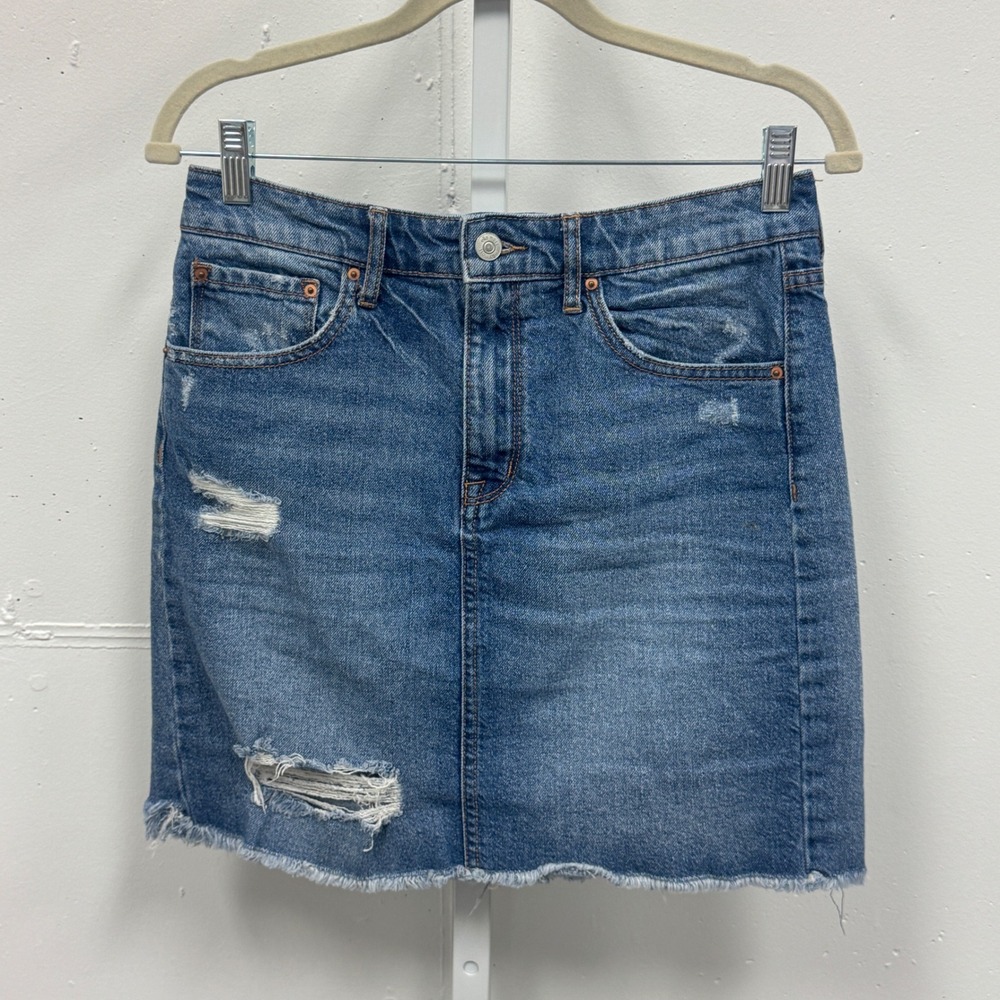 Ella Moss Distressed Denim Mini Skirt Medium Wash Raw Hem Size 28 Contemporary